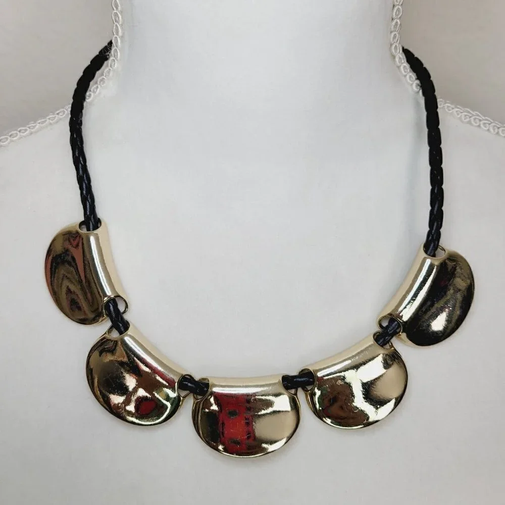 Lydell NYC Contemporary Necklace Black Leather Braided Cord Gold Tone Sliders